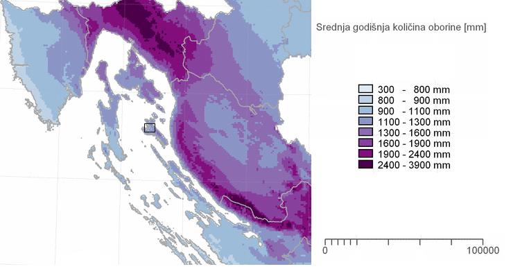 Slika 2.3.2.-2. Karta maksimalne temperature zraka prema podacima 1971.-2000. ( C) Godišnja količina padalina za otok Rab iznosi 1100 mm.