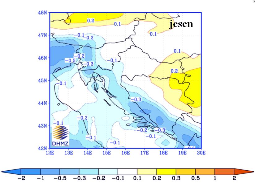 Slika 2.3.3.-2. Promjena prizemne temperature zraka (u C) u Hrvatskoj u razdoblju 2041-2070. u odnosu na razdoblje 1961-1990.