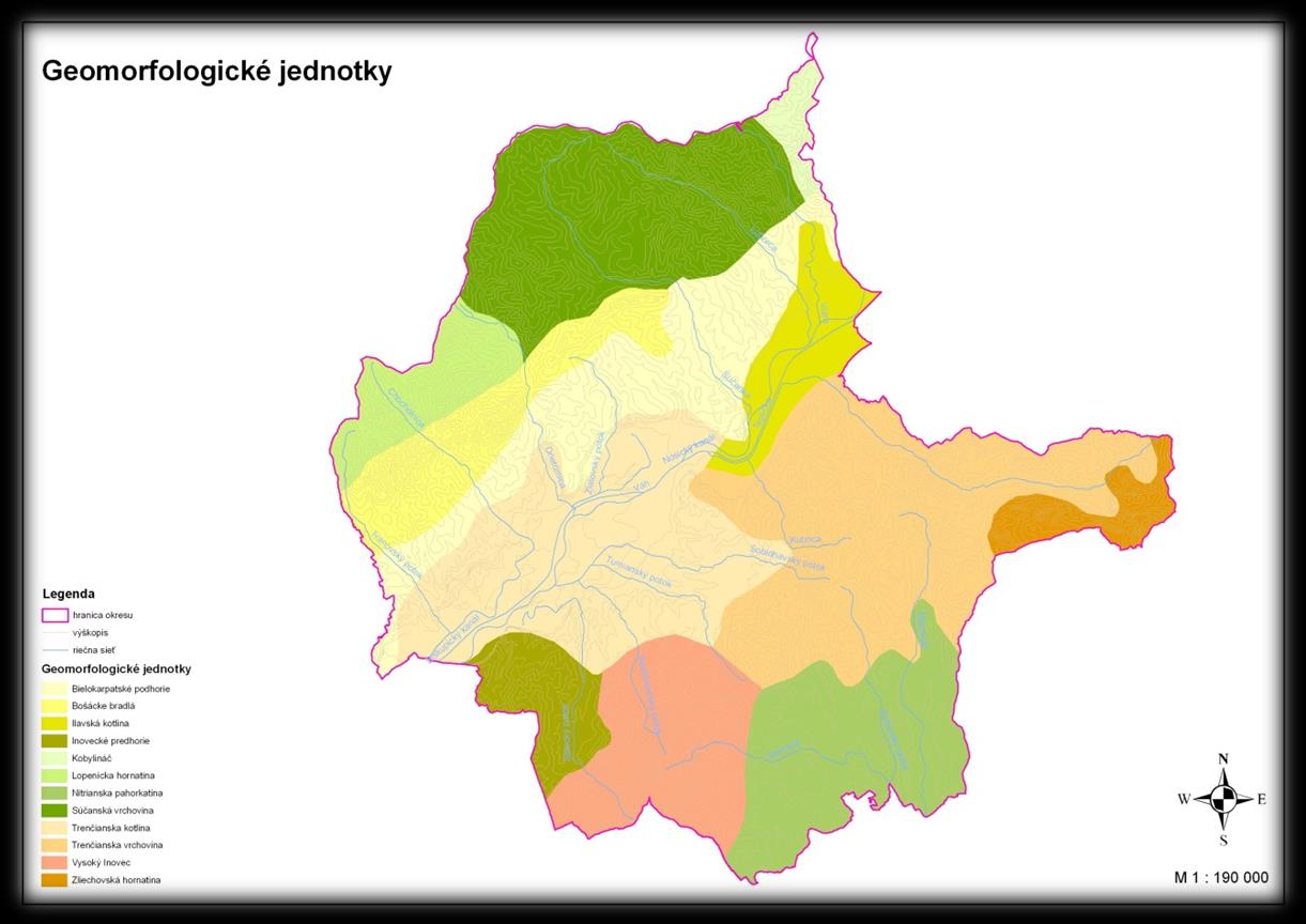 Obrázok 3: Geomorfologické jednotky TSK Geologické pomery sú veľmi pestré a rozmanité. V celom riešenom území sú zastúpené geologické vrstvy od prvohôr až k najmladším štvrtohorám.