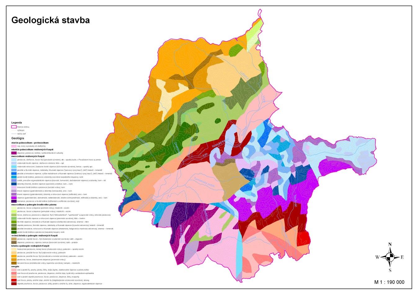 Obrázok 4: Geologická stavba TSK Podľa Atlasu inžiniersko-geologických máp SR z hľadiska seizmickej intenzity zaraďujeme riešené územie Trenčianskeho kraja do 5 a 60 MSK.