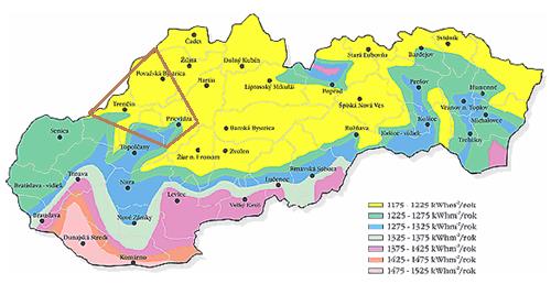 Na nasledovnom obrázku je rozdelenie slnečného žiarenia na celom území Slovenska a vybrané územie TSK.