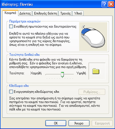 Ρυθµίσεις Ποντικιού Από τον πίνακα ελέγχου µπορούµε να κάνουµε διάφορες ρυθµίσεις για τον τρόπο λειτουργίας του ποντικιού µας.