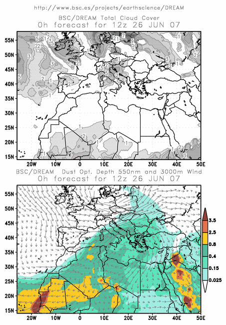 Εικόνα 3.9: Πρόγνωση του µοντέλου DREAM για την κατανοµή στην περιοχή σωµατιδίων µε προέλευση την Έρηµο Σαχάρα στις 26 Ιουνίου 2007.
