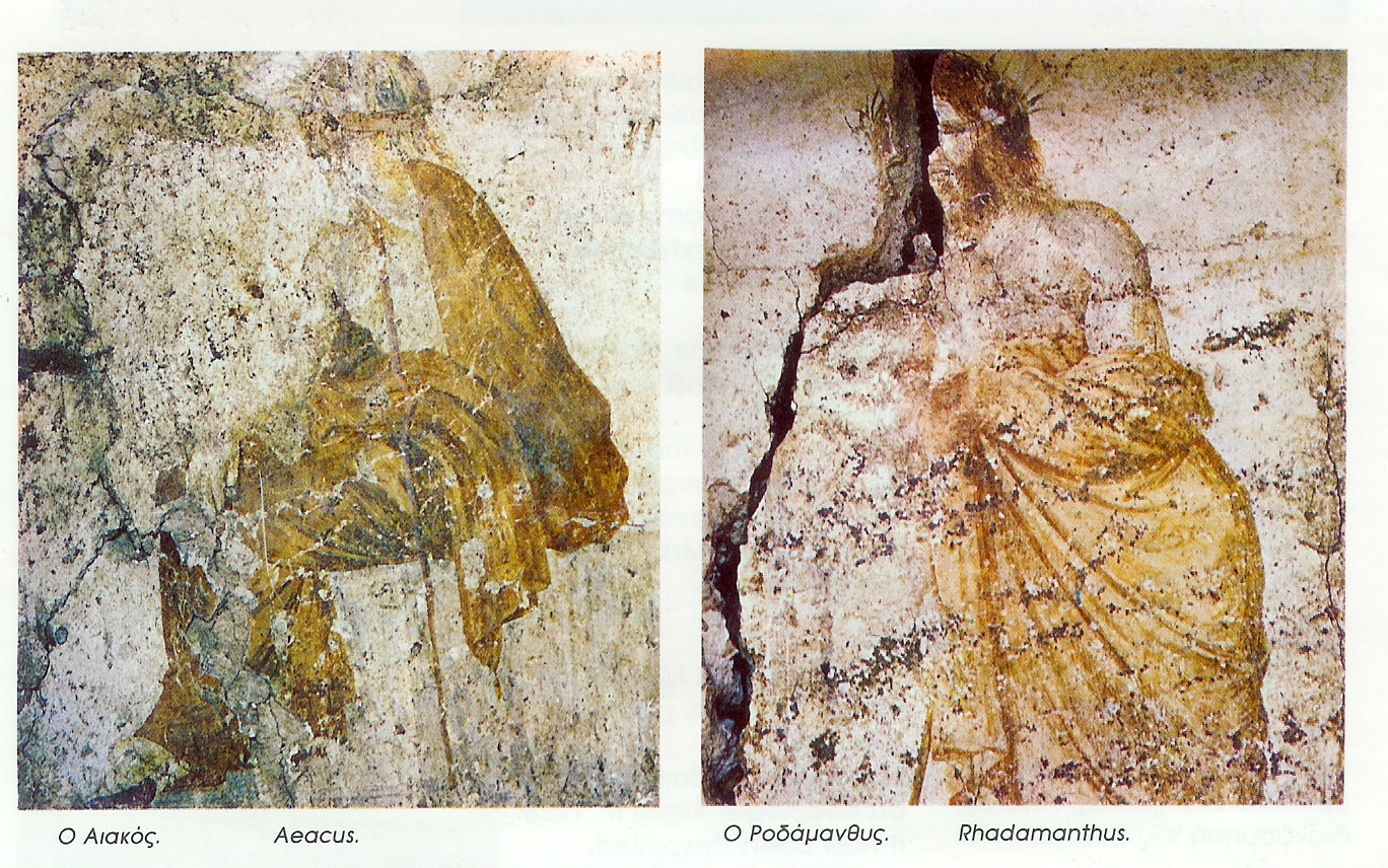 Τάφος της Κρίσεως: Ζωγραφικές απεικονίσεις Ο Δίας όρισε τα τρία του παιδιά, τον Αιακό, το Ραδάµανθυ και το Μίνωα ως κριτές των ψυχών των νεκρών.