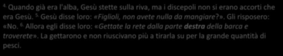 4. Quando già era l'alba, Gesù stette sulla riva, ma i discepoli non si erano accorti che era Gesù. 5. Gesù disse loro: «Figlioli, non avete nulla da mangiare?». Gli risposero: «No. 6.