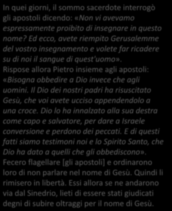 In quei giorni, il sommo sacerdote interrogò gli apostoli dicendo: «Non vi avevamo espressamente proibito di insegnare in questo nome?