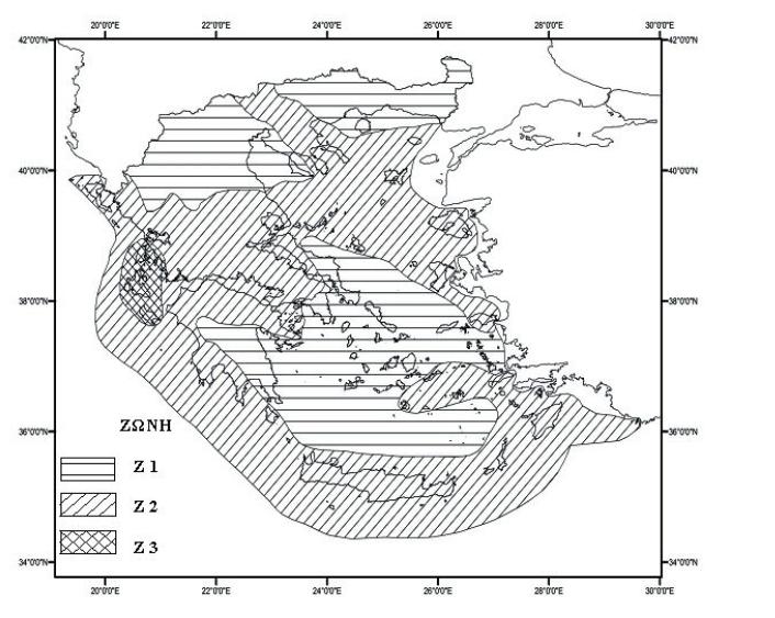 Σχήμα 2.34: Χάρτης Ζωνών Σεισμικής Επικινδυνότητας της Ελλάδας Ο Ευρωκώδικας ορίζει τις κατηγορίες σπουδαιότητας σύμφωνα με τον πίνακα 2.