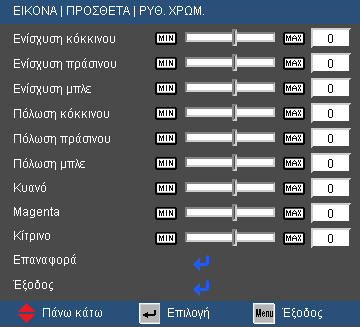 Χειριστήρια Χρήστη Ελληνικά 30 Χρώμα Πατήστε το κουμπί για το επόμενο μενού, όπως φαίνεται παρακάτω, κι έπειτα χρησιμοποιήστε τα κουμπιά ή για να επιλέξετε ένα στοιχείο.