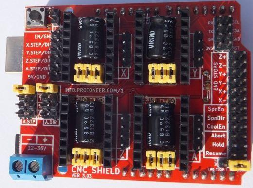 2.1.5 ΠΛΑΚΕΤΑ CNC SHIELD Η πλακέτα cnc shield είναι ο σύνδεσμος μεταξύ του arduino και των ολοκληρωμένων κυκλωμάτων A4988.