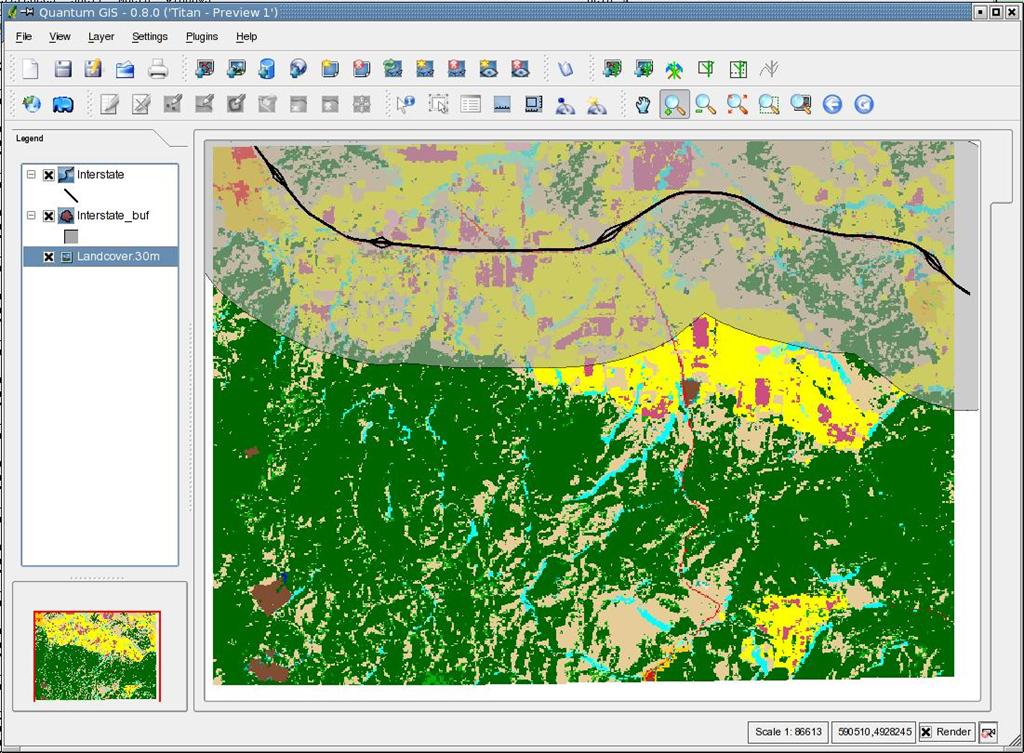 Ασκήσεις QGIS-GRASS: Επίδραση Θορύβου 2/4 2) Εξακριβώστε ποιες περιοχές έχουν επηρεαστεί: Κοιτάξτε τον εικονοχάρτη landcover.30m (καλύψεις γης.