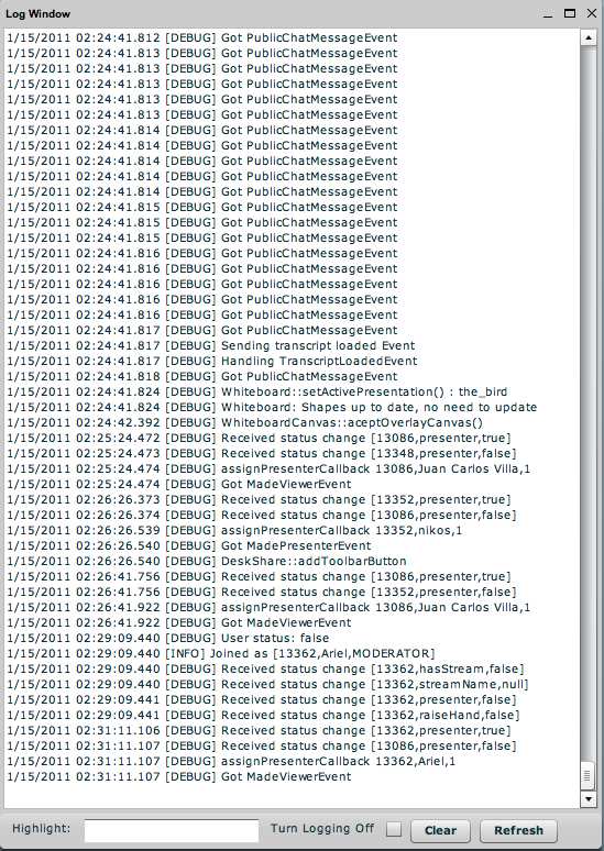 Εικόνα 27 Log Window Άν πάρουµε τον έλεγχο στα χέρια µας και γίνουµε εισηγητής, εµφανίζεται άλλο ένα πλήκτρο στην πάνω µπάρα, όπου µπορούµε να µοιραστούµε την επιφάνεια εργασίας µας.