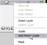 Απάντηση 1. Αρχικά επιλέξτε το layer 1 κάνοντας αριστερό κλικ µε το ποντίκι πάνω σε αυτό. Στην συνέχεια κάντε δεξί κλικ και επιλέξτε Add Motion Guide. Εικόνα 3.12 2.
