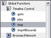 4. Στην αριστερή στήλη εµφανίζονται σε κατηγορίες εντολές script τις οποίες µπορούµε να εισάγουµε στο δεξιό παράθυρο. Επιλέξτε µε το ποντίκι σας Global Functions Timeline Control stop. 5.