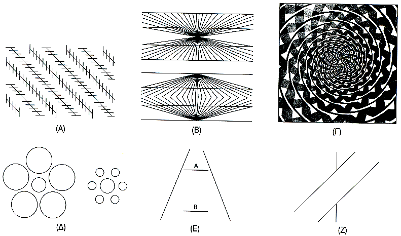 Έξι αντιληπτικές πλάνες Αν εστιάσουµε τηνπροσοχήµας σε ένα ζεύγος γραµµών στην οφθαλµαπάτη του Zollner (Α), µπορούµε ναδούµε ότι είναι παράλληλες, αλλά αν κοιτάξουµε ολόκληρο το σχήµα, έχουµε την