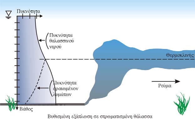 Εικόνα 5.18. Διάθεση εκροών σε στρωματισμένο περιβάλλον και σε εγκάρσια ροή. Σύμφωνα με τα πειραματικά αποτελέσματα η ελάχιστη αραίωση είναι ανεξάρτητη του L/Η όταν 3,7 < L/Η < 30.