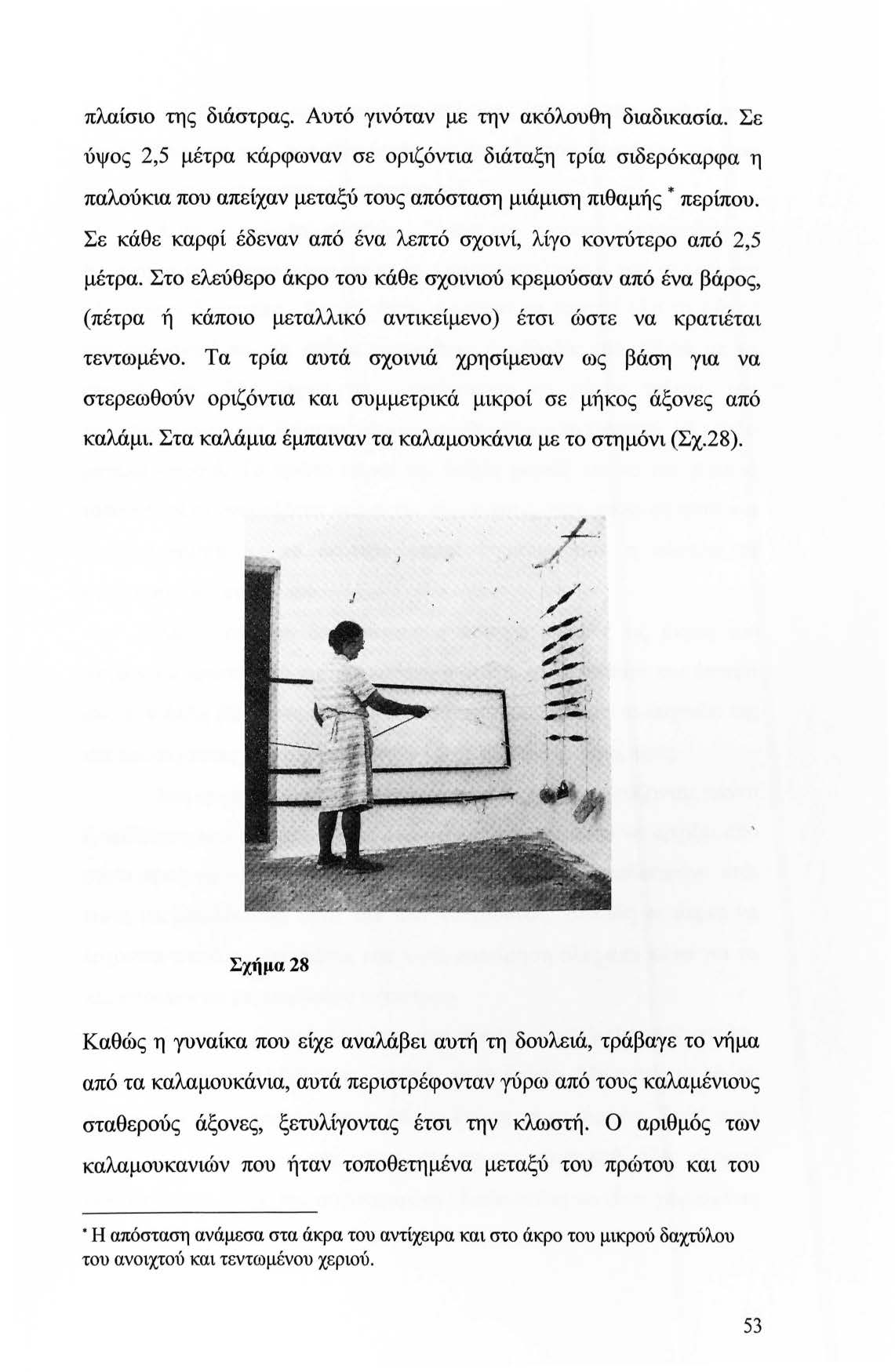 πλαίσιο της διάστρας. Αυτό γινόταν με την ακόλουθη διαδικασία. Σε ύψος 2,5 μέτρα κάρφωναν σε οριζόντια διάταξη τρία σιδερόκαρφα η παλούκια που απείχαν μεταξύ τους απόσταση μιάμιση πιθαμής * περίπου.