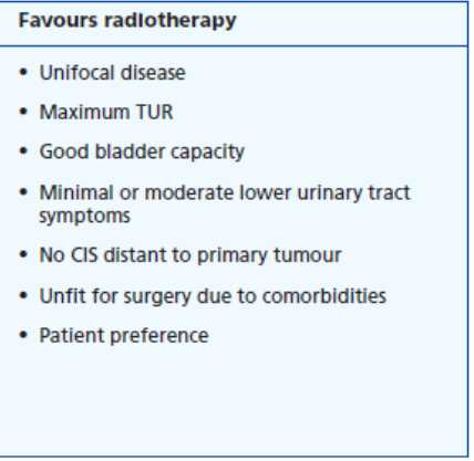 Θεραπευτικές επιλογές Χειρουργική ή συντηρητική θεραπεία; Η EBRT δεν συστήνεται ως μονοθεραπεία και πρέπει να προτείνεται εκεί όπου η κυστεκομή και /ή multimodality treatment δεν μπορούν να