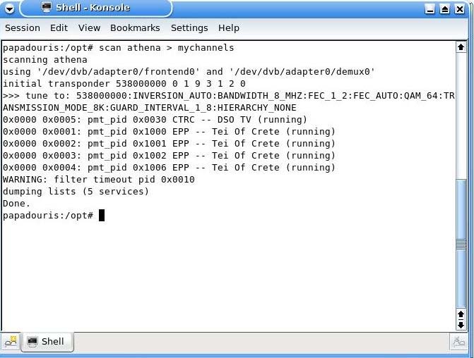 Σχ. 3.18 Αρχείο Athena Με την εντολή scan εντοπίζονται όλα τα τηλεοπτικά κανάλια που εκπέμπονται από την πλατφόρμα DVB-T, όπως φαίνεται και στο παρακάτω screenshot στο Σχ. 3.19.