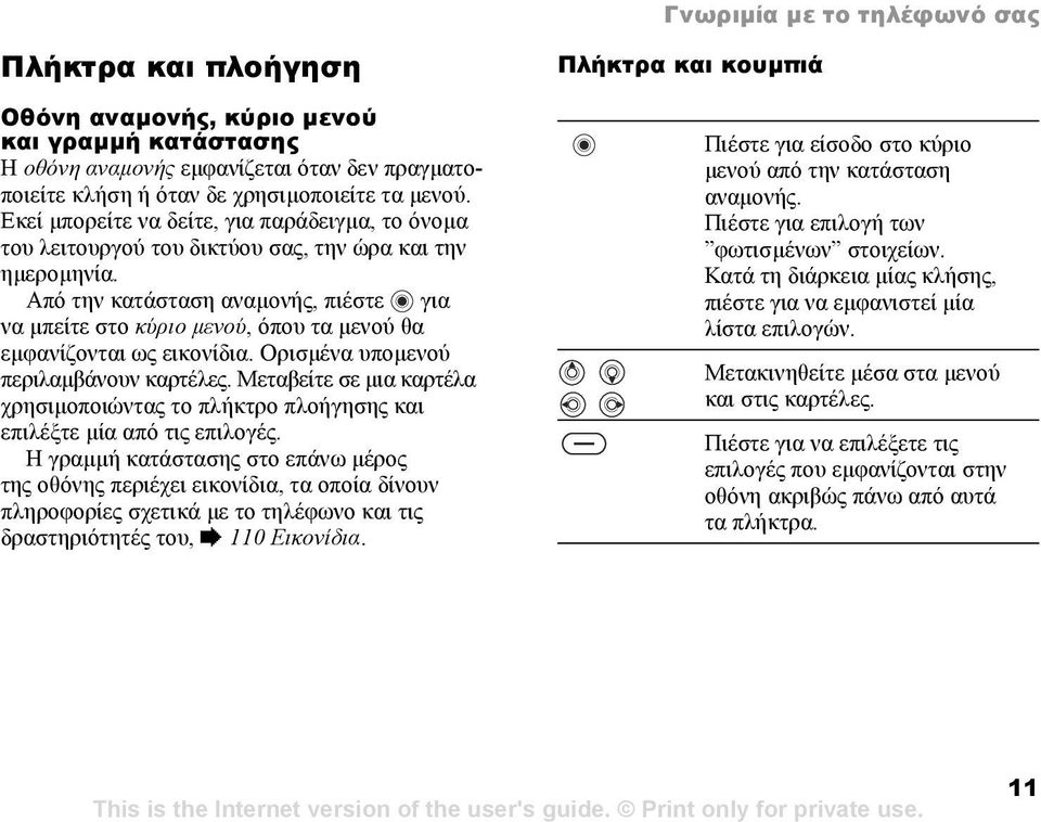 Από την κατάσταση αναµονής, πιέστε για να µπείτε στο κύριο µενού, όπου τα µενού θα εµφανίζονται ως εικονίδια. Ορισµένα υποµενού περιλαµβάνουν καρτέλες.