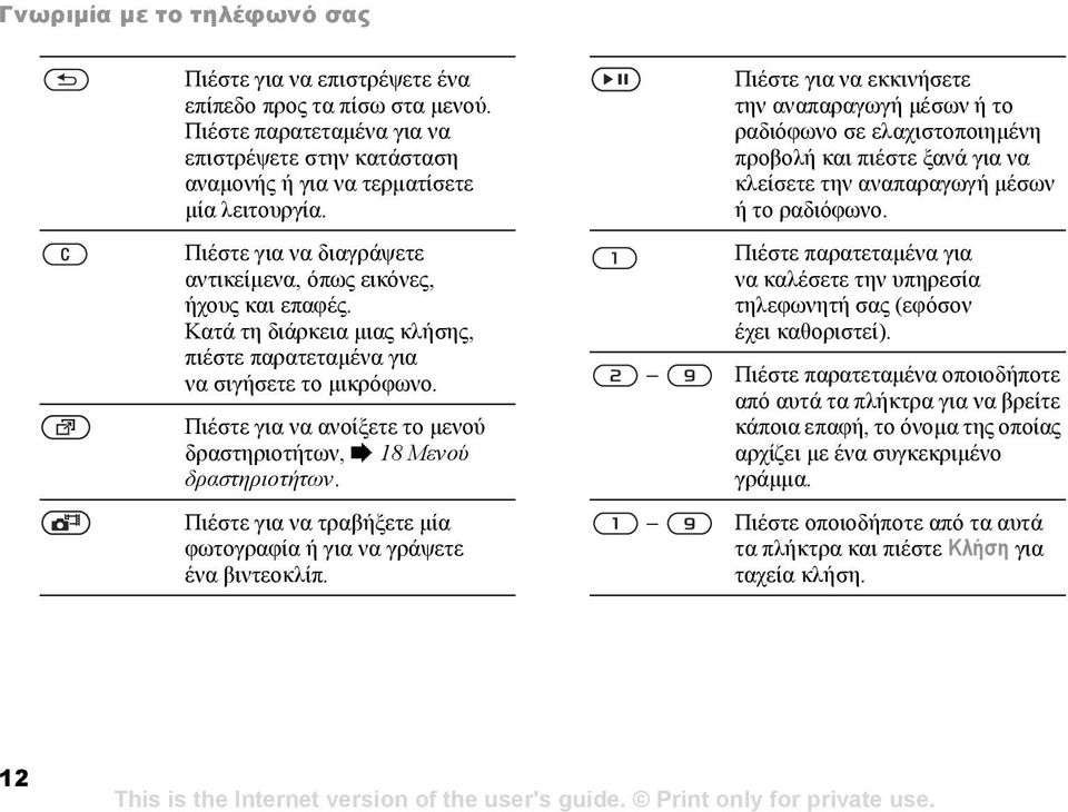 Πιέστε για να ανοίξετε το µενού δραστηριοτήτων, % 18 Μενού δραστηριοτήτων. Πιέστε για να τραβήξετε µία φωτογραφία ή για να γράψετε ένα βιντεοκλίπ.