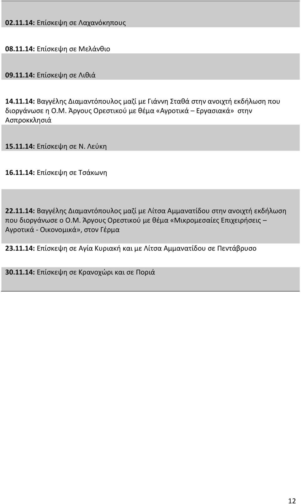 14: Επίσκεψη σε Ν. Λεύκη 16.11.14: Επίσκεψη σε Τσάκωνη 22.11.14: Βαγγέλης Διαμαντόπουλος μαζί με Λίτσα Αμμανατίδου στην ανοιχτή εκδήλωση που διοργάνωσε ο Ο.Μ.