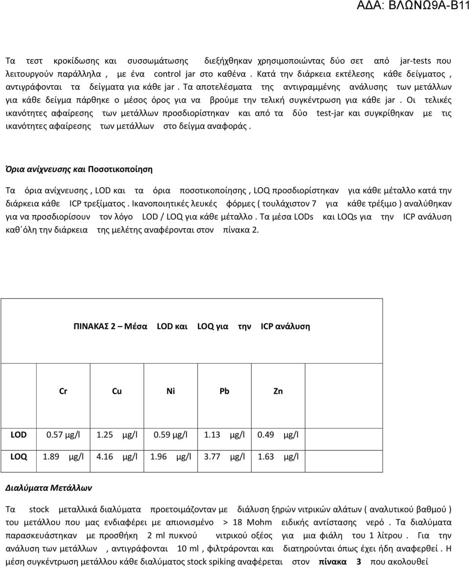 Τα αποτελέσματα της αντιγραμμένης ανάλυσης των μετάλλων για κάθε δείγμα πάρθηκε ο μέσος όρος για να βρούμε την τελική συγκέντρωση για κάθε jar.