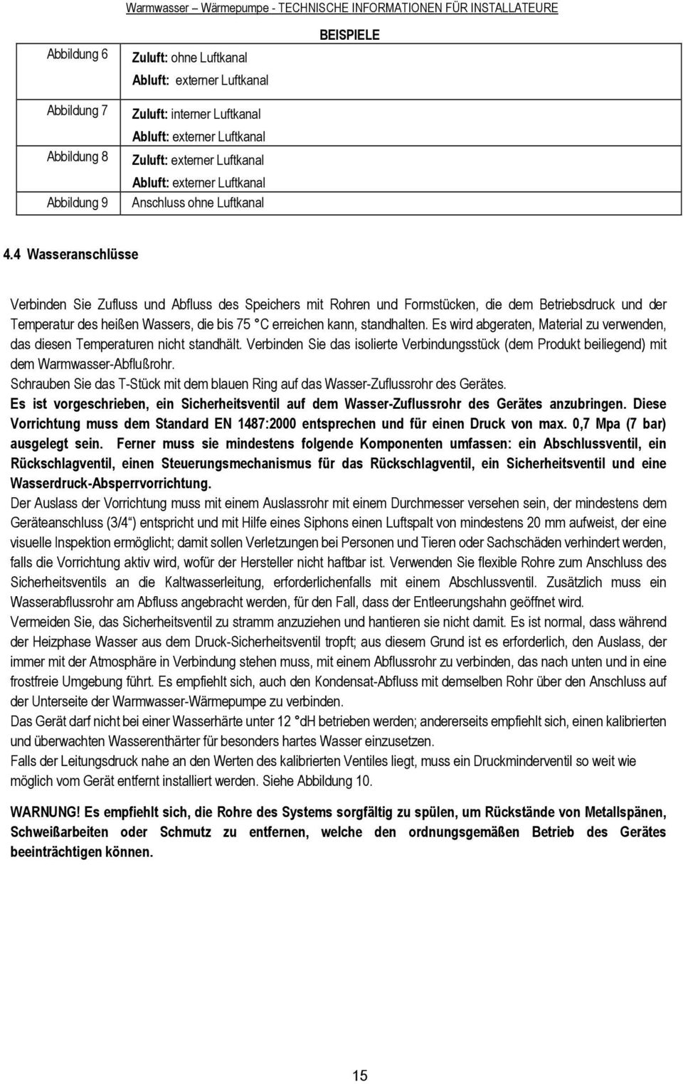 4 Wasseranschlüsse Verbinden Sie Zufluss und Abfluss des Speichers mit Rohren und Formstücken, die dem Betriebsdruck und der Temperatur des heißen Wassers, die bis 75 C erreichen kann, standhalten.