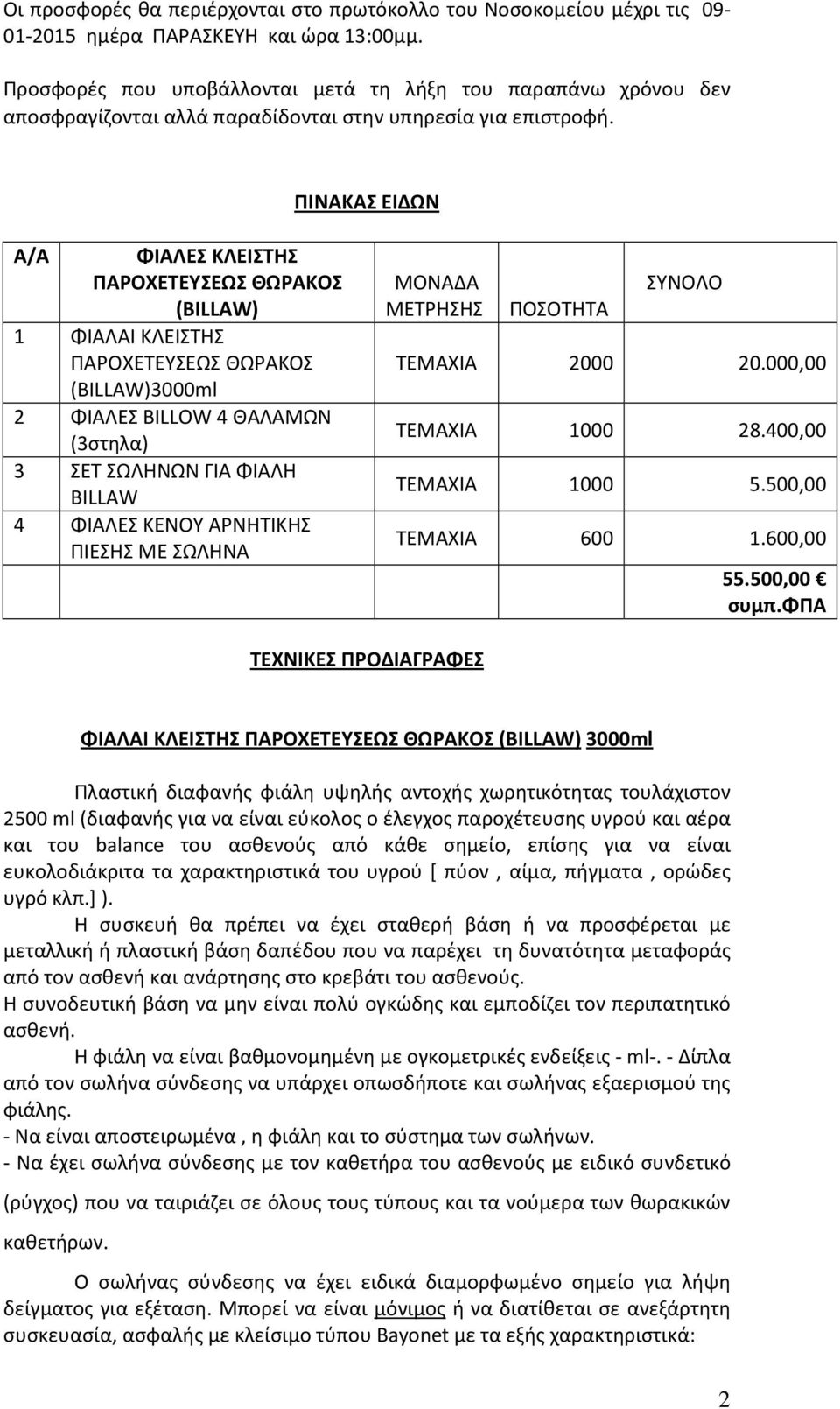 ΠΙΝΑΚΑΣ ΕΙΔΩΝ Α/Α ΦΙΑΛΕΣ ΚΛΕΙΣΤΗΣ ΠΑΡΟΧΕΤΕΥΣΕΩΣ ΘΩΡΑΚΟΣ (BILLAW) 1 ΦΙΑΛΑΙ ΚΛΕΙΣΤΗΣ ΠΑΡΟΧΕΤΕΥΣΕΩΣ ΘΩΡΑΚΟΣ (BILLAW)3000ml 2 ΦΙΑΛΕΣ BILLOW 4 ΘΑΛΑΜΩΝ (3στηλα) 3 ΣΕΤ ΣΩΛΗΝΩΝ ΓΙΑ ΦΙΑΛΗ BILLAW 4 ΦΙΑΛΕΣ