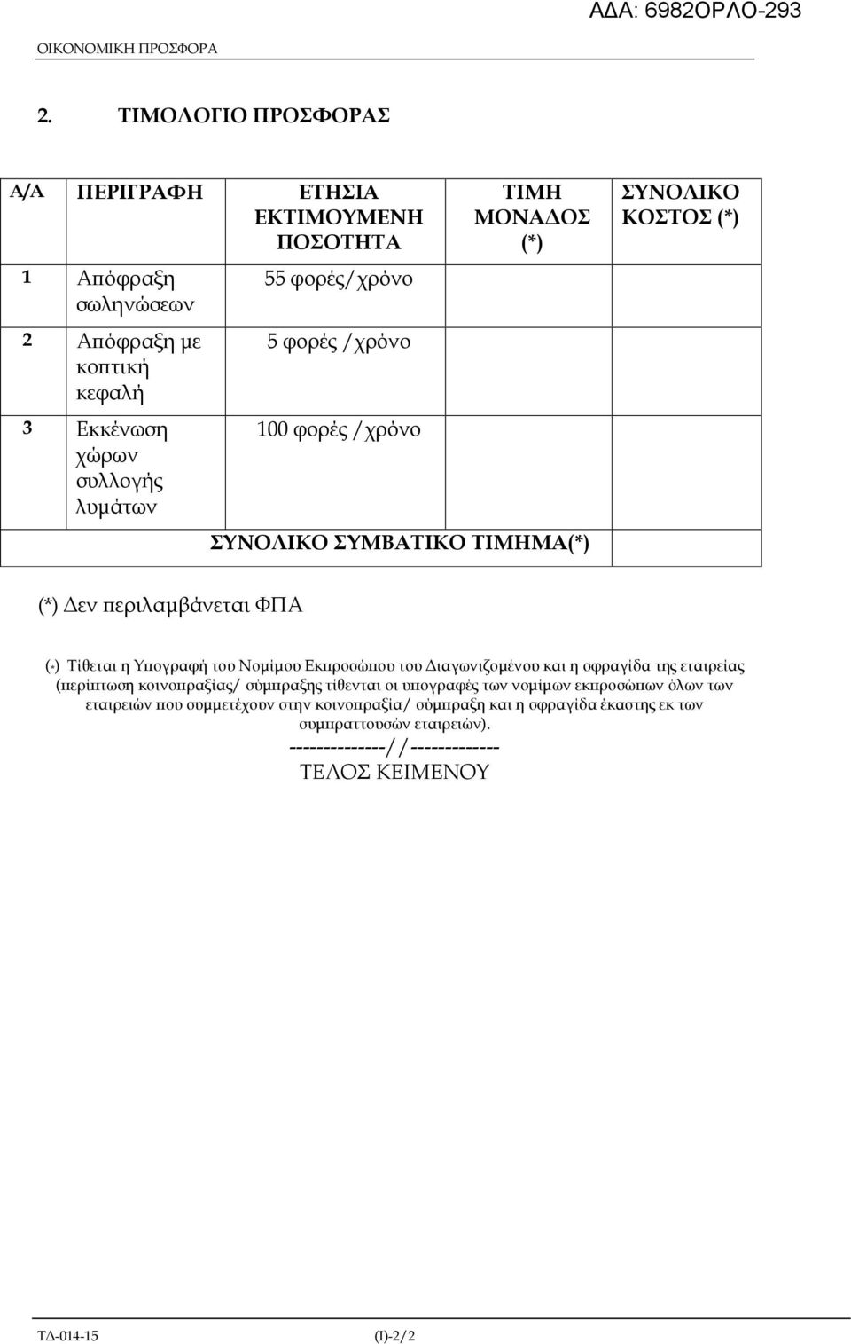 φορές /χρόνο 100 φορές /χρόνο ΤΙΜΗ ΜΟΝΑ ΟΣ (*) ΣΥΝΟΛΙΚΟ ΣΥΜΒΑΤΙΚΟ ΤΙΜΗΜΑ(*) ΣΥΝΟΛΙΚΟ ΚΟΣΤΟΣ (*) (*) εν εριλαµβάνεται ΦΠΑ ( *) Τίθεται η Υ ογραφή του Νοµίµου Εκ ροσώ