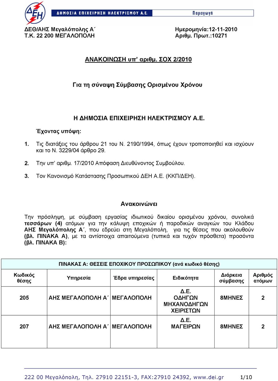 3229/04 άρθρο 29. 2. Την υπ αριθμ. 17/2010 Απόφαση Διευθύνοντος Συμβούλου. 3. Τον Κανονισμό Κατάστασης Προσωπικού ΔΕΗ Α.Ε. (ΚΚΠ/ΔΕΗ).