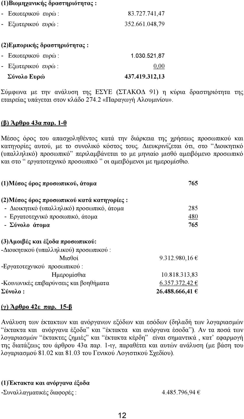 (β) Άρθρο 43α παρ. 1-θ Μέσος όρος του απασχοληθέντος κατά την διάρκεια της χρήσεως προσωπικού και κατηγορίες αυτού, µε το συνολικό κόστος τους.