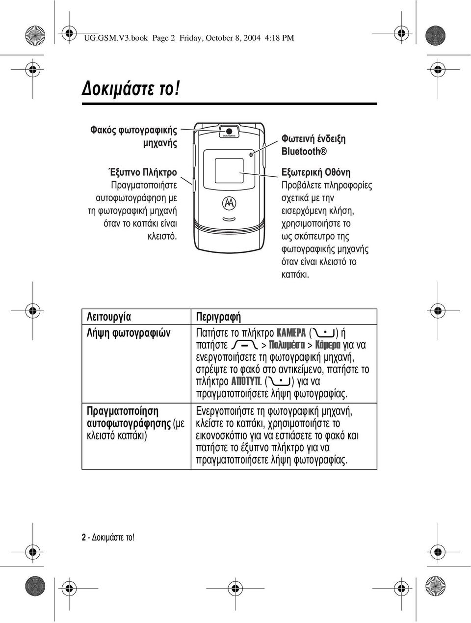 > Κάµερα για να ενεργοποιήσετε τη φωτογραφική µηχανή, στρέψτε το φακό στο αντικείµενο, πατήστε το πλήκτρο ΑΠΟΤΥΠ.