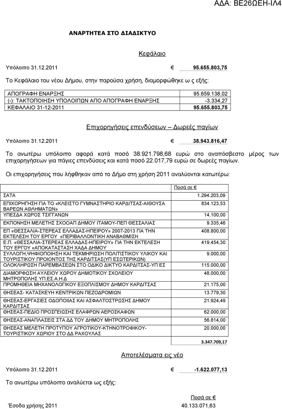 816,47 Το ανωτέρω υπόλοιπο αφορά κατά ποσό 38.921.798,68 ευρώ στο αναπόσβεστο μέρος των επιχορηγήσεων για πάγιες επενδύσεις και κατά ποσό 22.017,79 ευρώ σε δωρεές παγίων.