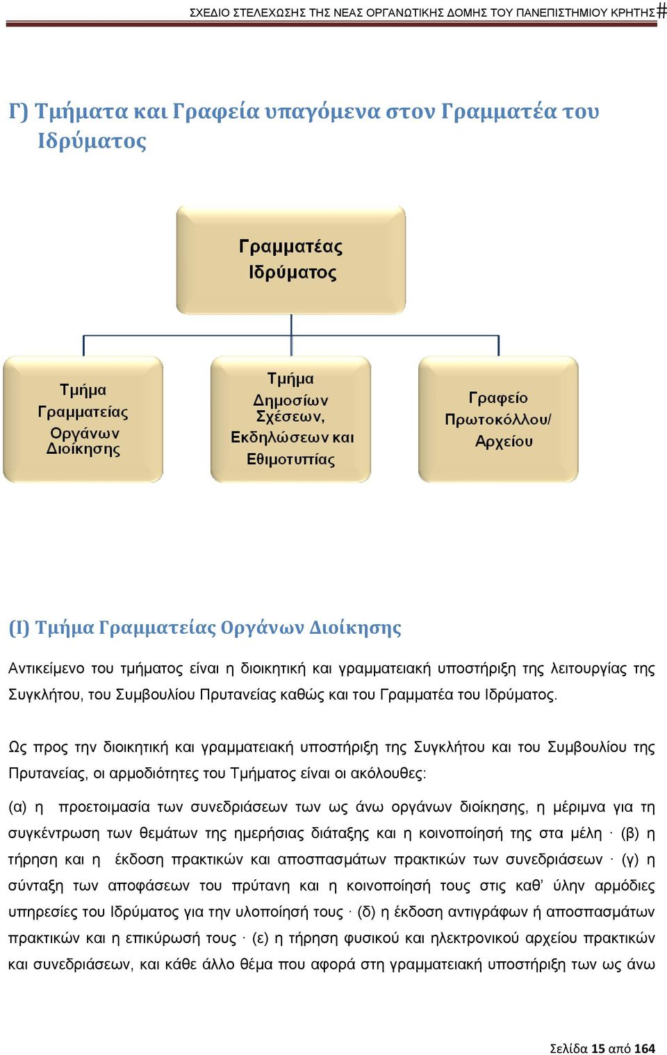 Ως προς την διοικητική και γραμματειακή υποστήριξη της Συγκλήτου και του Συμβουλίου της Πρυτανείας, οι αρμοδιότητες του Τμήματος είναι οι ακόλουθες: (α) η προετοιμασία των συνεδριάσεων των ως άνω