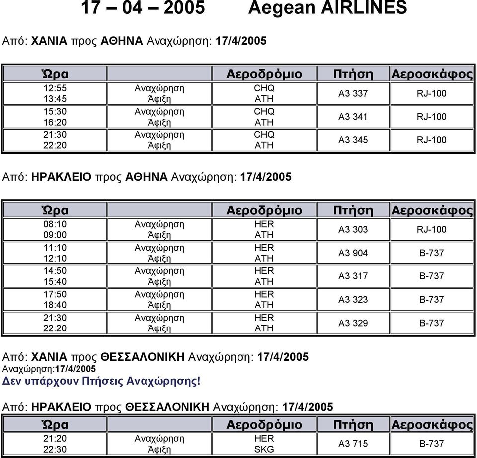 15:40 A3 317 B-737 17:50 18:40 A3 323 B-737 21:30 22:20 A3 329 B-737 Από: ΧΑΝΙΑ προς ΘΕΣΣΑΛΟΝΙΚΗ :