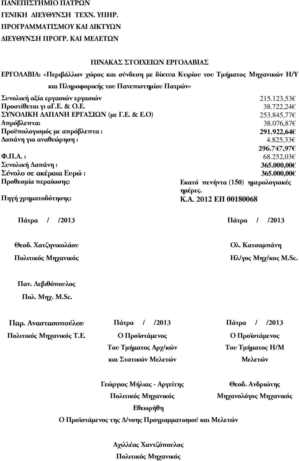 εργασιών 215.123,53 Προστίθεται γι αγ.ε. & Ο.Ε. 38.722,24 ΣΥΝΟΛΙΚΗ ΑΠΑΝΗ ΕΡΓΑΣΙΩΝ (µε Γ.Ε. & Ε.Ο) 253.845,77 Απρόβλεπτα: 38.076,87 Προϋπολογισµός µε απρόβλεπτα : 291.922,64 απάνη για αναθεώρηση : 4.