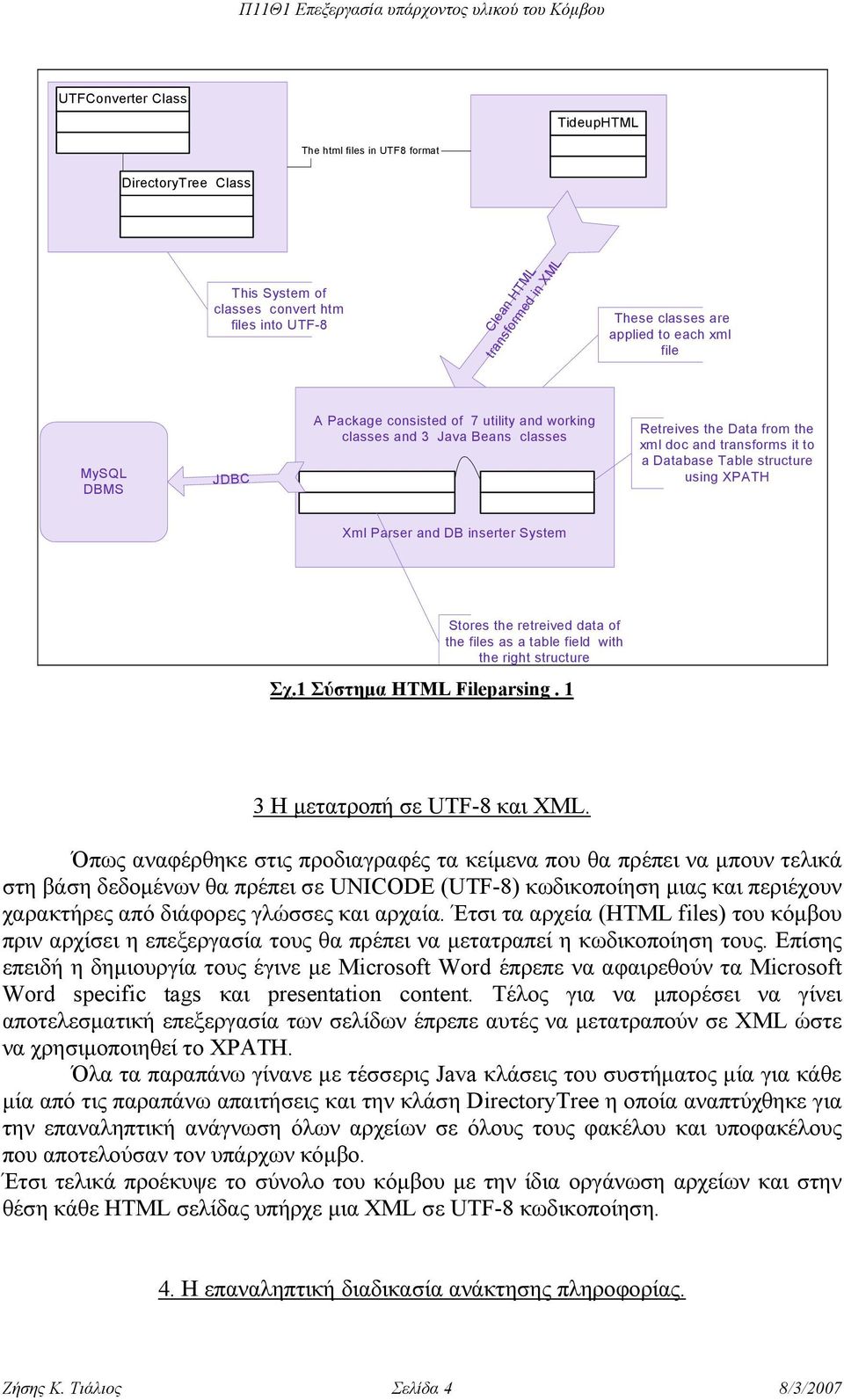 Parser and DB inserter System Stores the retreived data of the files as a table field with the right structure Σχ.1 Σύστηµα HTML Fileparsing. 1 3 Η µετατροπή σε UTF-8 και XML.