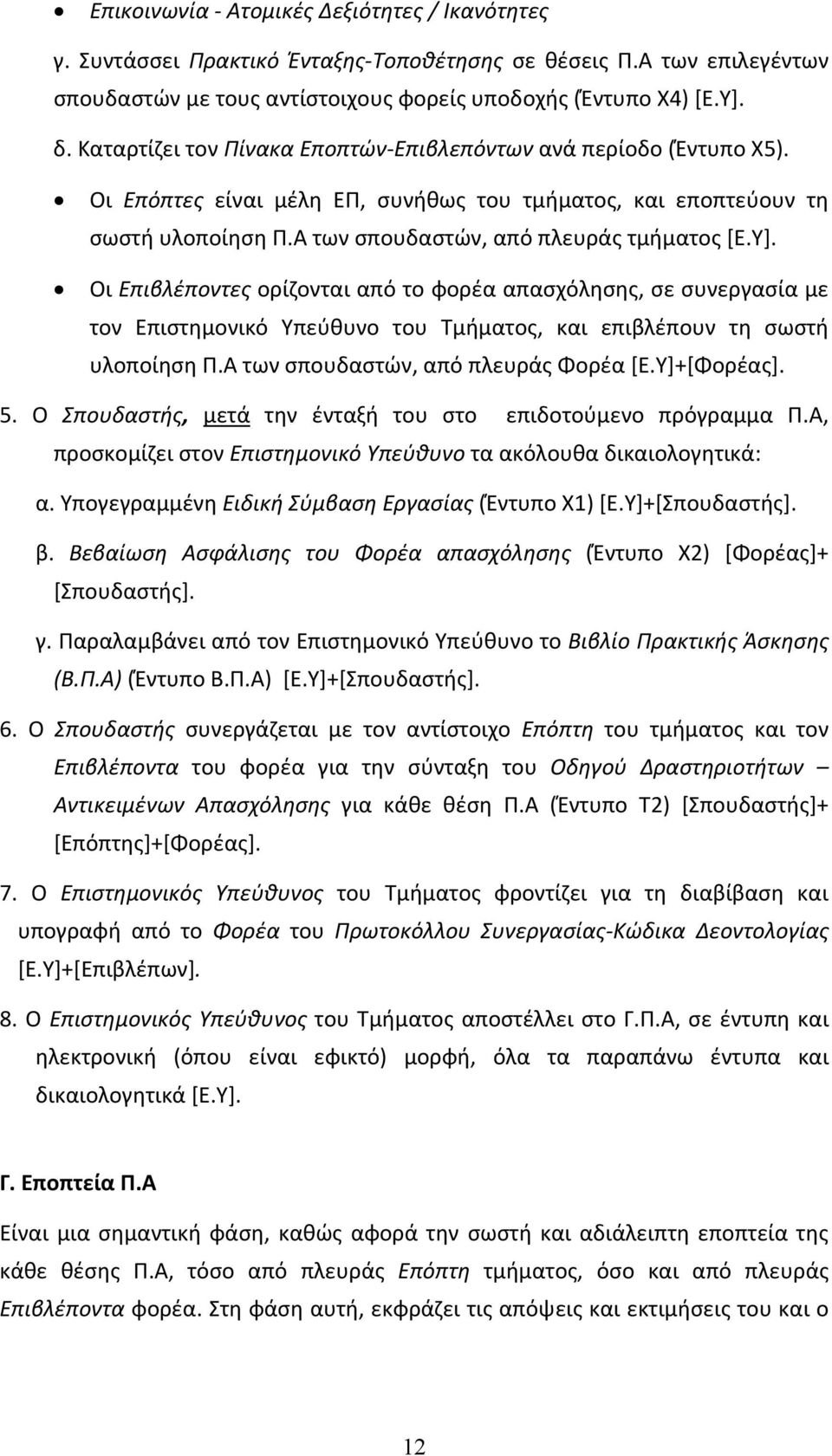 Οι Επιβλέποντες ορίζονται από το φορέα απασχόλησης, σε συνεργασία με τον Επιστημονικό Υπεύθυνο του Τμήματος, και επιβλέπουν τη σωστή υλοποίηση Π.Α των σπουδαστών, από πλευράς Φορέα [Ε.Υ]+[Φορέας]. 5.