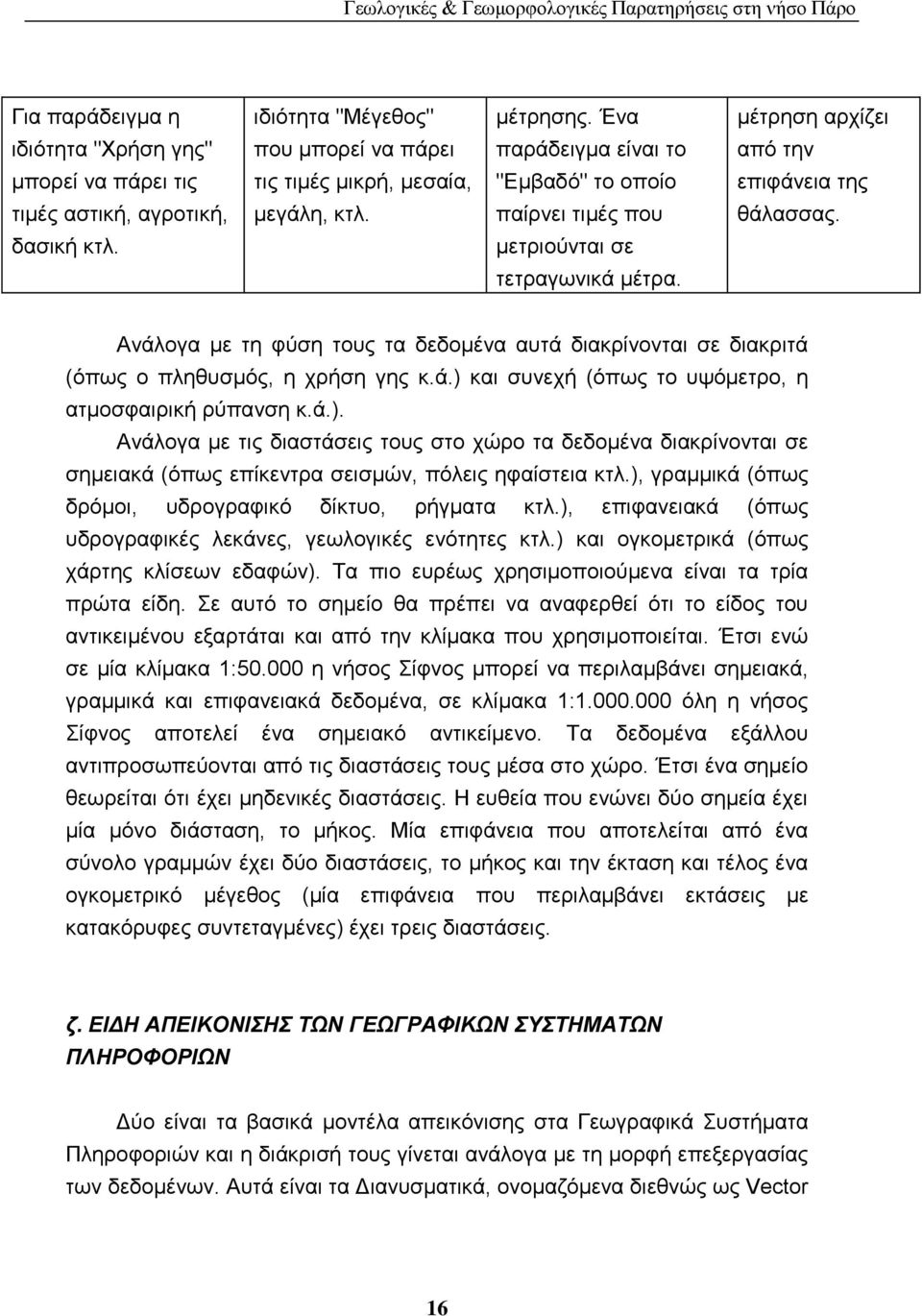 θηι. παίξλεη ηηκέο πνπ ζάιαζζαο. δαζηθή θηι. κεηξηνχληαη ζε ηεηξαγσληθά κέηξα. Αλάινγα κε ηε θχζε ηνπο ηα δεδνκέλα απηά δηαθξίλνληαη ζε δηαθξηηά (φπσο ν πιεζπζκφο, ε ρξήζε γεο θ.ά.) θαη ζπλερή (φπσο ην πςφκεηξν, ε αηκνζθαηξηθή ξχπαλζε θ.