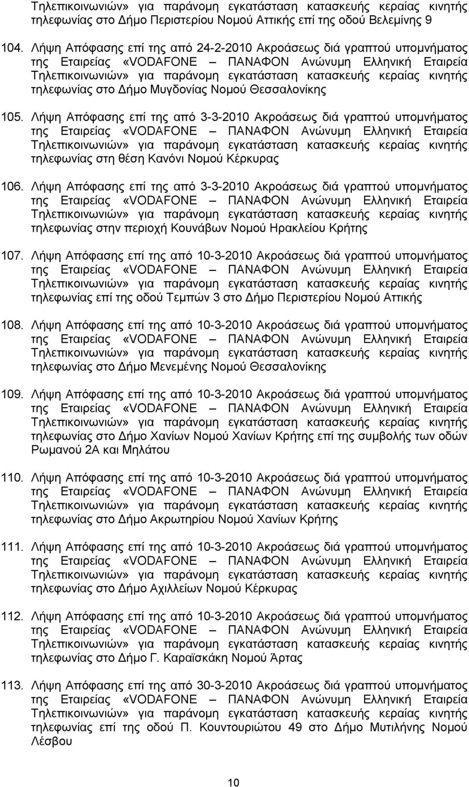 Λήςε Απφθαζεο επί ηεο απφ 3-3-2010 Αθξνάζεσο δηά γξαπηνχ ππνκλήκαηνο ηειεθσλίαο ζηελ πεξηνρή Κνπλάβσλ Ννκνχ Ζξαθιείνπ Κξήηεο 107.