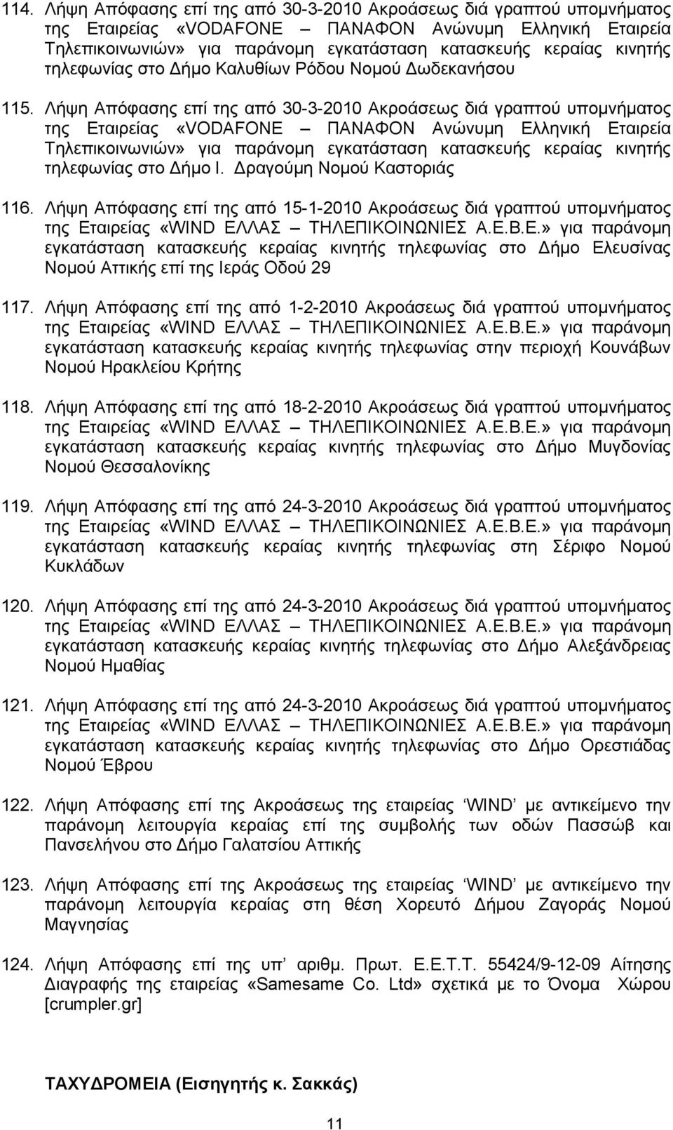Λήςε Απφθαζεο επί ηεο απφ 15-1-2010 Αθξνάζεσο δηά γξαπηνχ ππνκλήκαηνο ηεο Δηαηξείαο «WIND ΔΛΛΑ ΣΖΛΔΠΗΚΟΗΝΧΝΗΔ Α.Δ.Β.Δ.» γηα παξάλνκε εγθαηάζηαζε θαηαζθεπήο θεξαίαο θηλεηήο ηειεθσλίαο ζην Γήκν Διεπζίλαο Ννκνχ Αηηηθήο επί ηεο Ηεξάο Οδνχ 29 117.