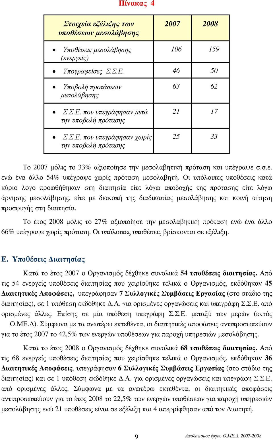 Οι υπόλοιπες υποθέσεις κατά κύριο λόγο προωθήθηκαν στη διαιτησία είτε λόγω αποδοχής της πρότασης είτε λόγω άρνησης µεσολάβησης, είτε µε διακοπή της διαδικασίας µεσολάβησης και κοινή αίτηση προσφυγής