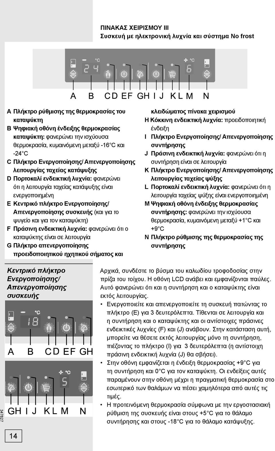 είναι ενεργοποιημένη E Κεντρικό πλήκτρο Ενεργοποίησης/ Απενεργοποίησης συσκευής (και για το ψυγείο και για τον καταψύκτη) F Πράσινη ενδεικτική λυχνία: φανερώνει ότι ο καταψύκτης είναι σε λειτουργία G