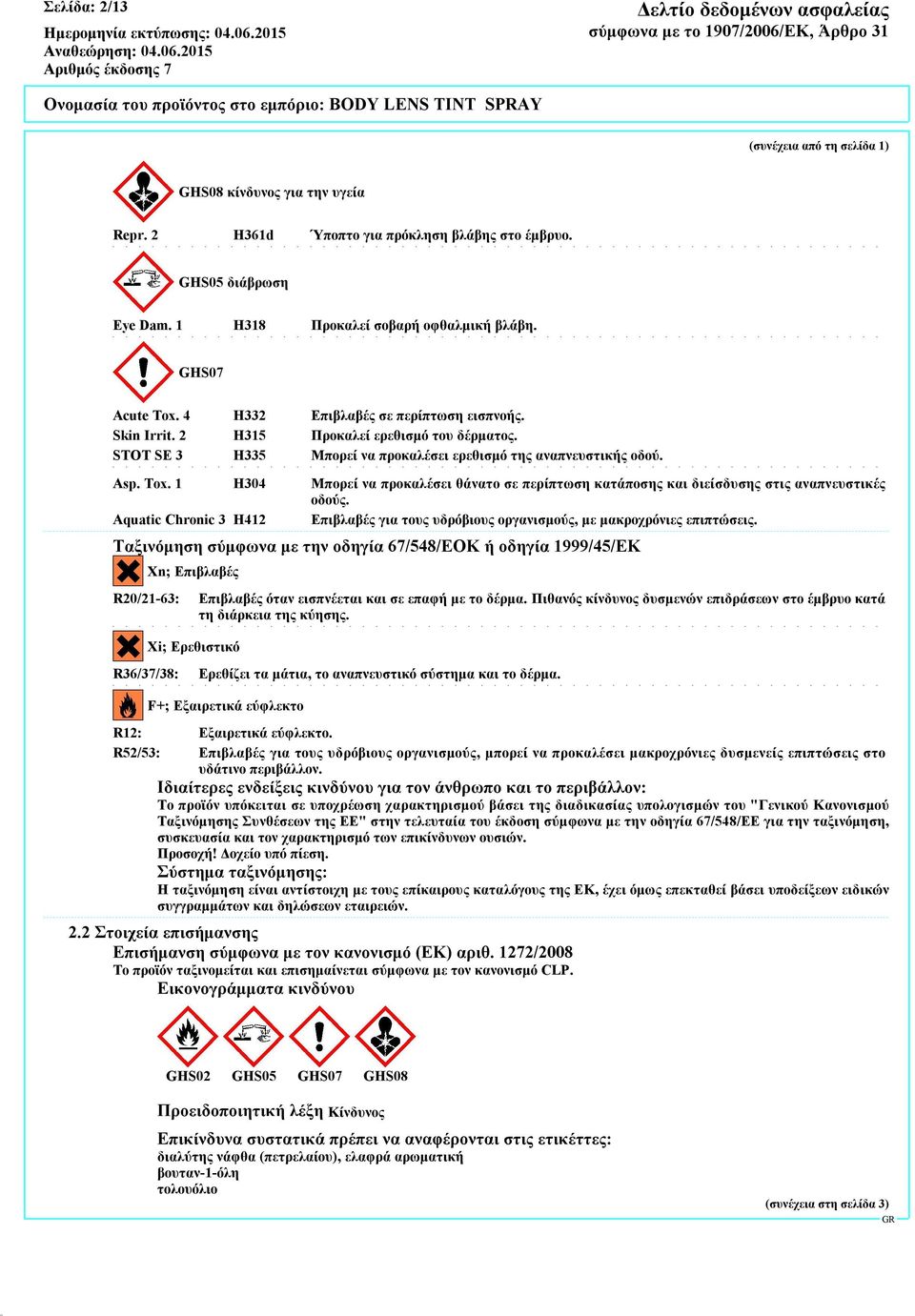 Aquatic Chronic 3 H412 Επιβλαβές για τους υδρόβιους οργανισμούς, με μακροχρόνιες επιπτώσεις.