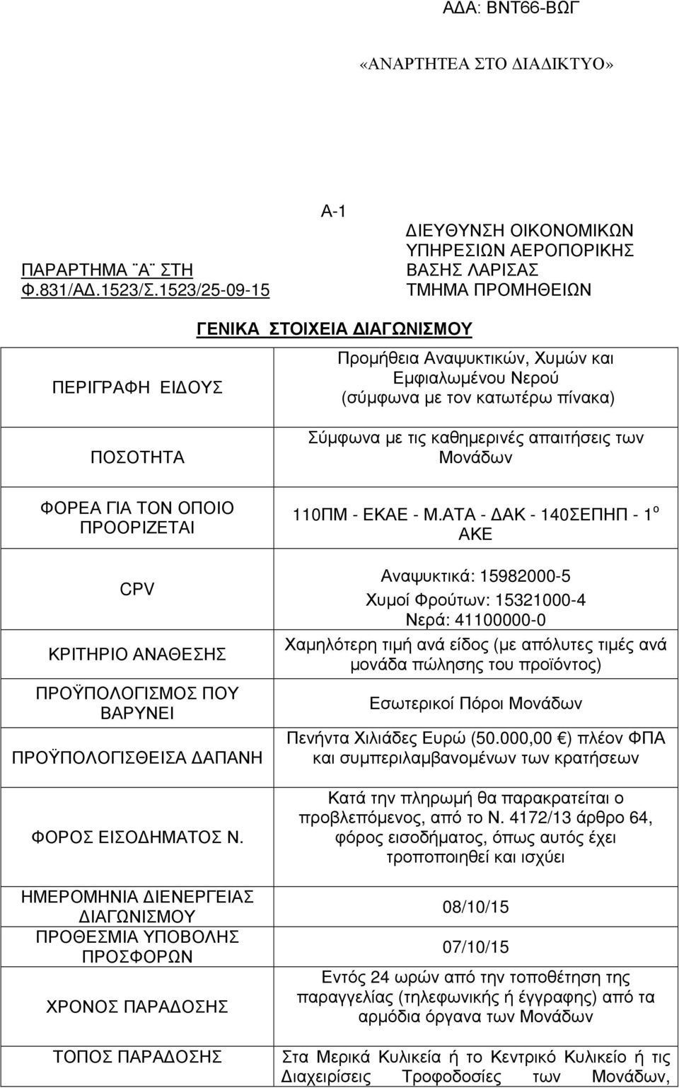 τον κατωτέρω πίνακα) ΠΟΣΟΤΗΤΑ Σύµφωνα µε τις καθηµερινές απαιτήσεις των Μονάδων ΦΟΡΕΑ ΓΙΑ ΤΟΝ ΟΠΟΙΟ ΠΡΟΟΡΙΖΕΤΑΙ CPV ΚΡΙΤΗΡΙΟ ΑΝΑΘΕΣΗΣ ΠΡΟΫΠΟΛΟΓΙΣΜΟΣ ΠΟΥ ΒΑΡΥΝΕΙ ΠΡΟΫΠΟΛΟΓΙΣΘΕΙΣΑ ΑΠΑΝΗ ΦΟΡΟΣ ΕΙΣΟ