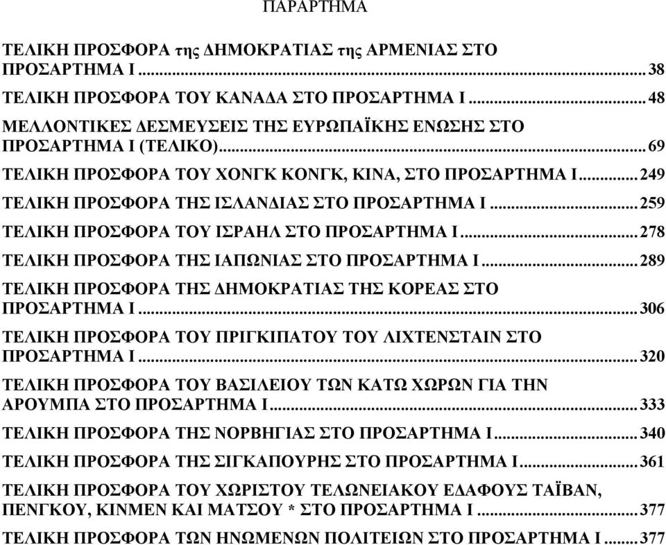 ..278 ΤΕΛΙΚΗ ΠΡΟΣΦΟΡΑ ΤΗΣ ΙΑΠΩΝΙΑΣ ΣΤΟ ΠΡΟΣΑΡΤΗΜΑ Ι...289 ΤΕΛΙΚΗ ΠΡΟΣΦΟΡΑ ΤΗΣ ΔΗΜΟΚΡΑΤΙΑΣ ΤΗΣ ΚΟΡΕΑΣ ΣΤΟ ΠΡΟΣΑΡΤΗΜΑ Ι...306 ΤΕΛΙΚΗ ΠΡΟΣΦΟΡΑ ΤΟΥ ΠΡΙΓΚΙΠΑΤΟΥ ΤΟΥ ΛΙΧΤΕΝΣΤΑΙΝ ΣΤΟ ΠΡΟΣΑΡΤΗΜΑ Ι.