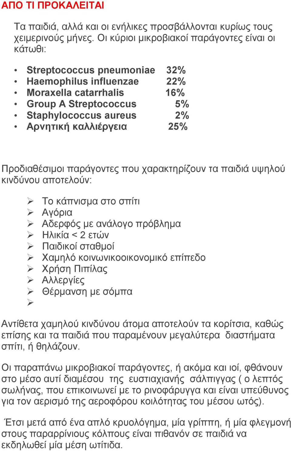 καλλιέργεια 25% Προδιαθέσιμοι παράγοντες που χαρακτηρίζουν τα παιδιά υψηλού κινδύνου αποτελούν: Το κάπνισμα στο σπίτι Αγόρια Αδερφός με ανάλογο πρόβλημα Ηλικία < 2 ετών Παιδικοί σταθμοί Χαμηλό