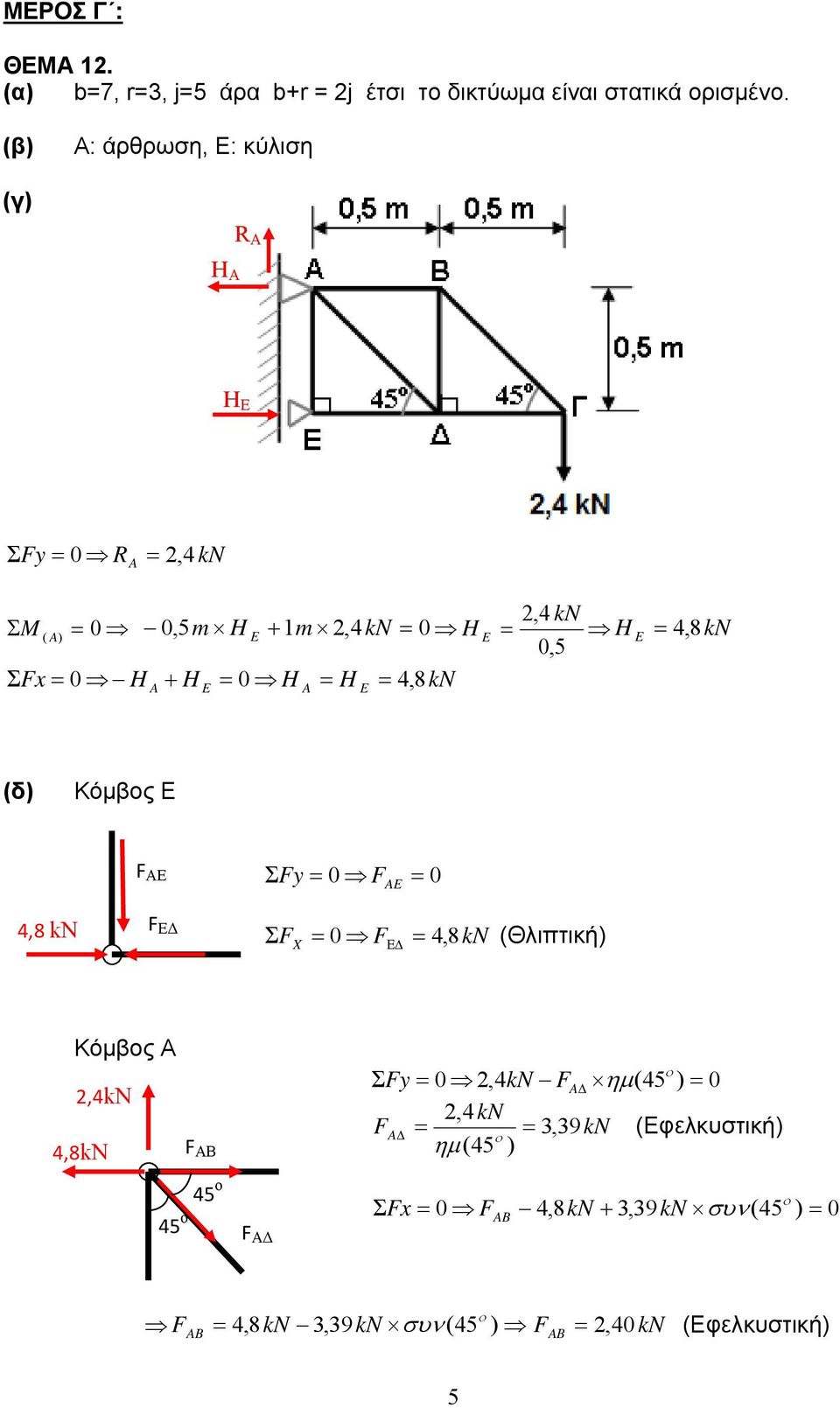 4, kn A E A E 8 (δ) Κόμβος Ε 4,8 kν F ΑΕ F ΕΔ Fy 0 F 0 X AE F 0 F 4, 8kN (Θλιπτική) Κόμβος Α,4kΝ 4,8kΝ F ΑΒ 45 ο 45 ο