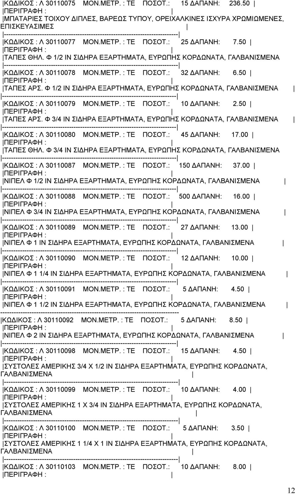 Φ 1/2 ΙΝ ΣΙΔΗΡΑ ΕΞΑΡΤΗΜΑΤΑ, ΕΥΡΩΠΗΣ ΚΟΡΔΩΝΑΤΑ, ΓΑΛΒΑΝΙΣΜΕΝΑ ΚΩΔΙΚΟΣ : Λ 30110079 ΜΟΝ.ΜΕΤΡ. : ΤΕ ΠΟΣΟΤ.: 10 ΔΑΠΑΝΗ: 2.50 ΤΑΠΕΣ ΑΡΣ.