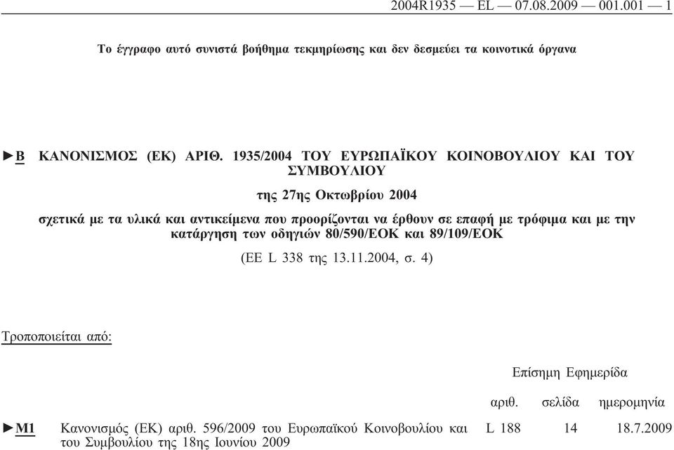 σε επαφή με τρόφιμα και με την κατάργηση των οδηγιών 80/590/ΕΟΚ και 89/109/ΕΟΚ (EE L 338 της 13.11.2004, σ.